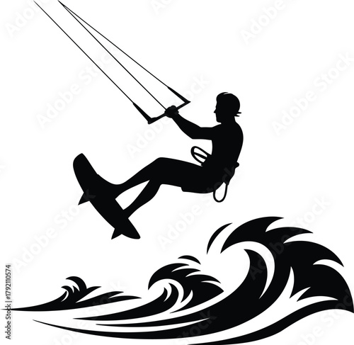 Silhouette of a kitesurfer jumping over waves with a kite and board against a white background kiteboarding