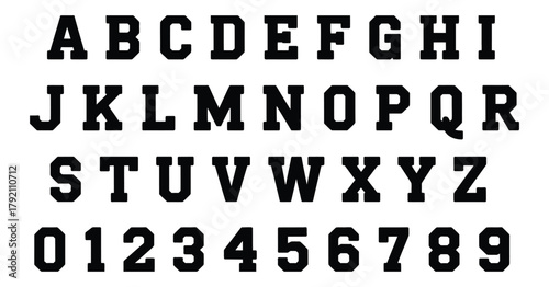 Varsity font vector alphabet, collegiate lettering set with bold athletic style, sports typography design for team logos, apparel prints, school emblems, and retro graphic projects