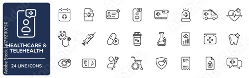 Healthcare & Telehealth Line Icon Set with Editable Stroke. Collection of telemedicine, appointment, EMR, patient ID, lab test, HIPAA, health insurance, billing, and payment symbols.
