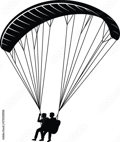 Silhouette of Two People Paragliding with Large Canopy Against White Background tandem paragliding flying