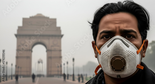 Man wearing pollution mask in Delhi with India Gate in background.