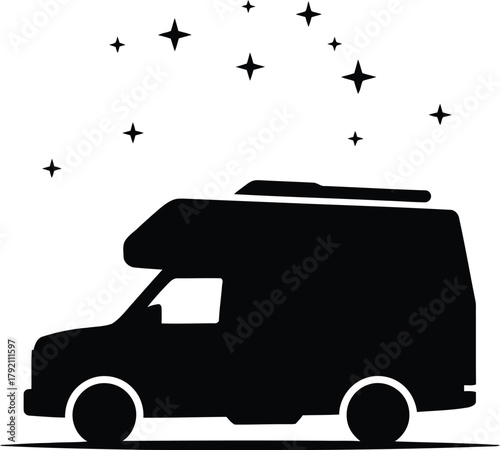 Black silhouette of a camper van with stars above on a white background motorhome travel