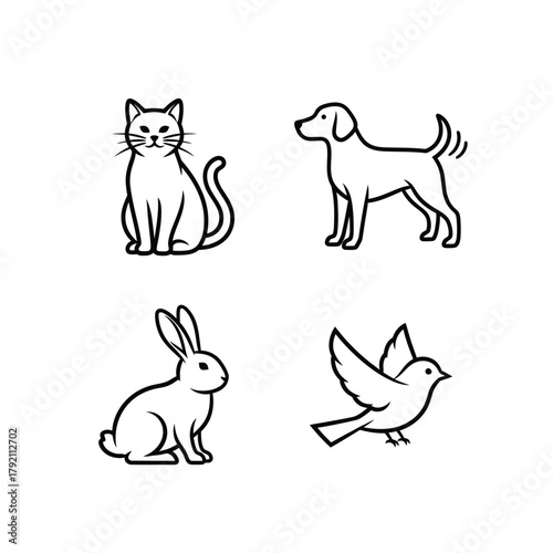 Animal Icons Set Cat, Dog, Rabbit, Bird - Line Art Vector Illustrations