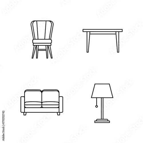 Furniture Icons Chair, Table, Sofa, Lamp - Line Art Vector Illustration