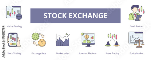 Stock Exchange Lineal Color Banner Web Icon Set Vector Illustration