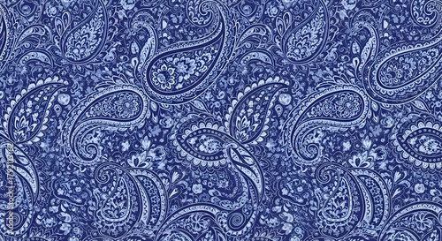 Elegant blue paisley pattern background, classic traditional ornament for textiles and wallpapers design, timeless and versatile.
