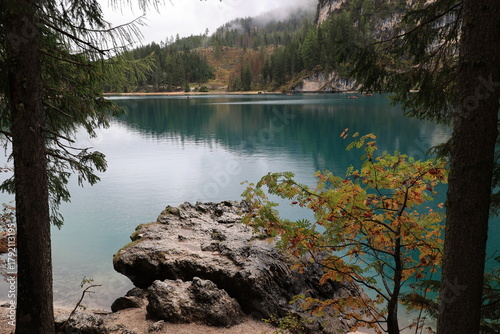 Mountain Lake in the Dolomites in autumn, South Tyrol, Italy