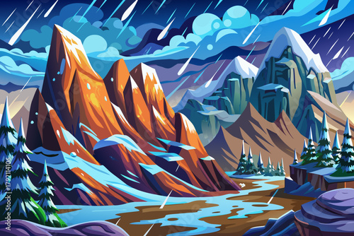 Heavy snow falling over tall rocky peaks and frozen cliffs