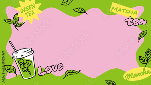 抹茶のポップなベクターフレーム素材（余白付き） - カラフルでポップな枠イラスト Matcha green tea frame with copy space - colorful drink border illustration