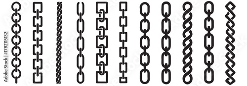 Silhouette chains. Different weaving black seamless borders, decorative jewelry for pendants, recurring metal segments, Elegant precious black necklaces nowaday vector isolated flat set
