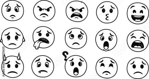 Set of eight simple outline emoji faces displaying various emotions.