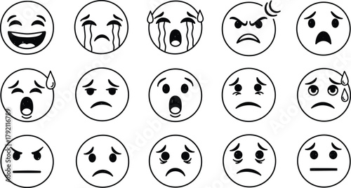 Set of eight simple outline emoji faces displaying various emotions.