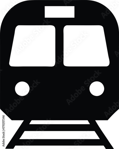 Train icon or subway symbol on tracks, railway transport flat vector graphic