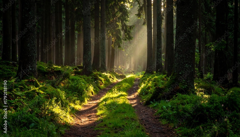 Obraz premium Sunlit Path Through a Mystical Forest Landscape.