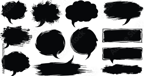 Hand drawn speech bubble doodle set, chat message frames in black brush strokes, conversation icons.