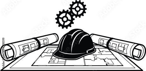 Construction planning blueprints, hard hat, and gears symbolize project success