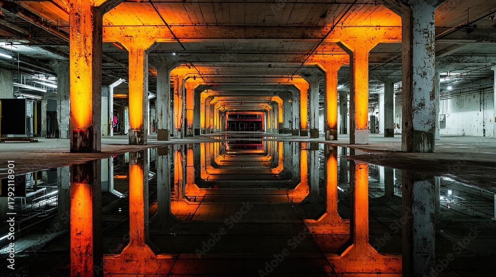 Obraz premium A mesmerizing view of pillars reflecting in water, bathed in warm orange light. An abandoned warehouse showcases architectural beauty with a touch of mystery.