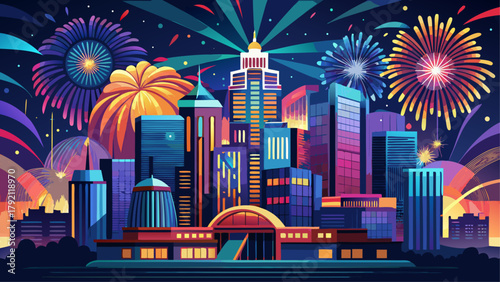 Very beautiful colorful fireworks exploding over Kansas City skyline at night, showcasing dazzling lights reflected on modern buildings, vibrant bursts illuminating the urban landscape, and a festive 