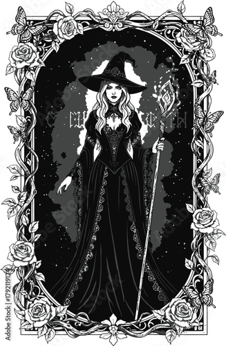 Vector illustration of a fantasy angel woman in a flowing dress holding a cross, depicted in a black and white fashion sketch style