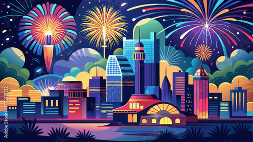 Very beautiful colorful fireworks exploding over Kansas City skyline at night, showcasing dazzling lights reflected on modern buildings, vibrant bursts illuminating the urban landscape, and a festive 