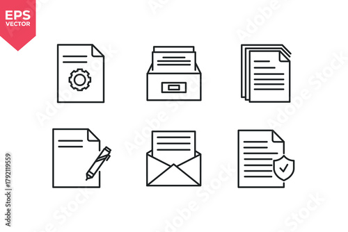Set of line icons related to document setting, file box, multiple document, mail document, secure document, edit file. Editable stroke. Vector illustration