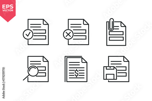 Set of line icons related to approved document, rejected document, attached document, document search, financial document, save document. Editable stroke. Vector illustration
