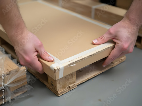 Hand pins carton corner while applying diagonal strap tape for extra reinforcement, tension even, pallet staging visible