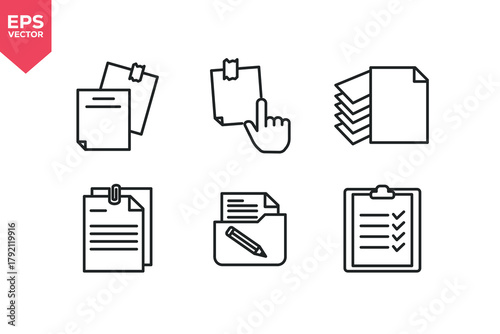 Set of line icons related to taped file, file archiving, document with paperclip, clickable note, checklist, edit folder. Editable stroke. Vector illustration