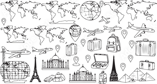 Hand drawn travel doodles set with world map airplanes and famous landmarks