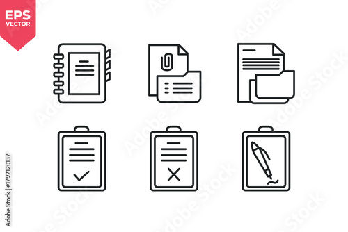 Set of line icons related to notebook, attached memo, file and folder, verified task, rejected checklist, signing document. Editable stroke. Vector illustration