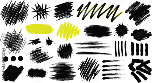 Hand drawn underline set. Black marker brush strokes, lines for emphasis. Scribble sketch, doodle highlight collection. Vector graphic design element for text. Isolated.