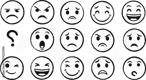 Set of eight simple outline emoji faces displaying various emotions.