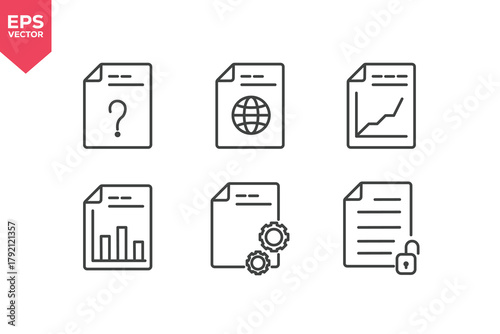Set of line icons related to question file, global document, performance file, statistical report, document processing, unlocked document. Editable stroke. Vector illustration