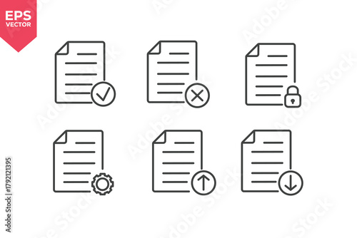 Set of line icons related to file accepted, file error, private document, private document, transfer up, transfer down. Editable stroke. Vector illustration