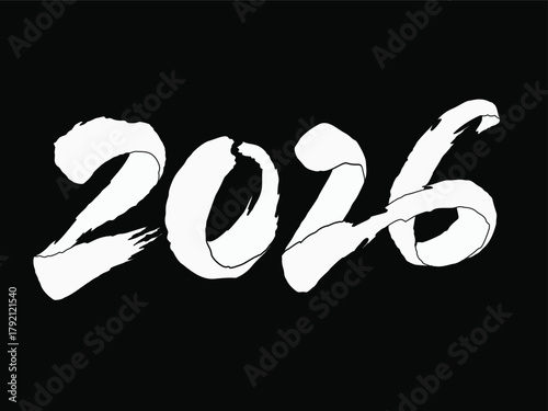 2026, Brushstroke, Calligraphy, Handwritten, Hand-drawn, Lettering, Year, Grunge, Textured