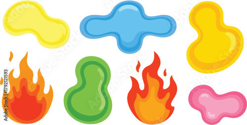 Set of colorful fire and flame illustrations. Cartoon vector bonfire, fireball, and heatwave elements. Dynamic burning blaze and campfire icons for creative design concepts.