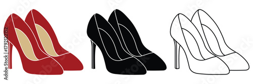 High heel female shoes vector icon. Pair of female shoes. Black female footwear, shoes silhouette symbol isolated on white background. Women's fashion and luxury stylish heel shoe vector illustration