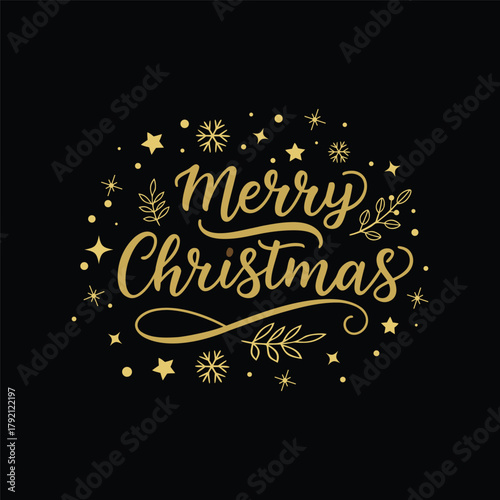 Merry Christmas gold lettering with decorative stars, snowflakes, and botanical elements. 