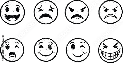 Set of eight simple outline emoji faces displaying various emotions.
