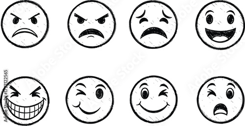 Set of eight simple outline emoji faces displaying various emotions.