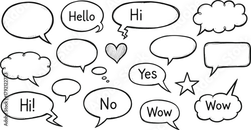 Hand drawn speech bubble doodle set, chat message frames in black brush strokes, conversation icons.