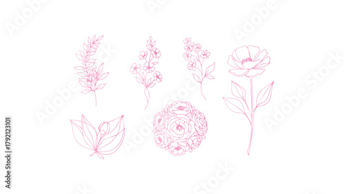 A collection of five minimalist botanical illustrations, each featuring a unique arrangement of flowers, leaves, and stems drawn in a continuous line art style. 
