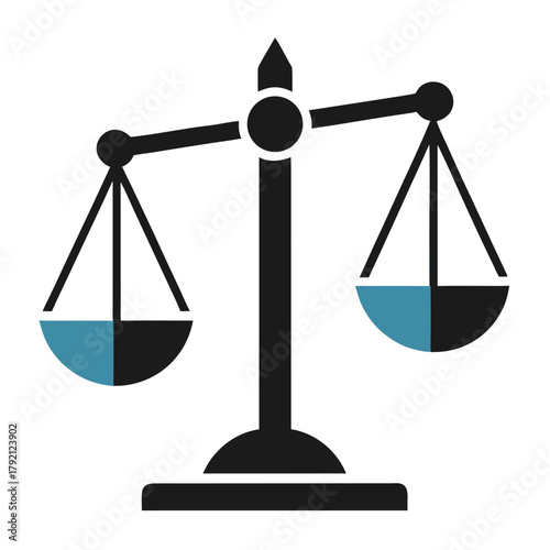 A simple, flat design icon of black scales of justice with one pan partially filled with blue.