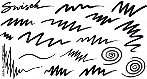 Hand drawn underline set. Black marker brush strokes, lines for emphasis. Scribble sketch, doodle highlight collection. Vector graphic design element for text. Isolated.