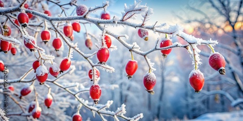 Frosty rose hips hanging from winter-bare branches in a frost-covered garden landscape