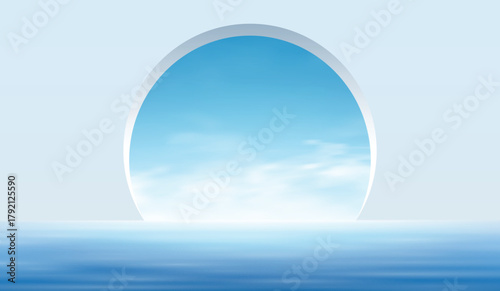 Minimal abstract background featuring a white arched frame opening to a bright blue sky and calm ocean. Perfect for product presentation, branding mockup, cosmetic display, and summer design concepts.
