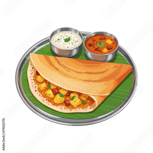 Traditional Indian Masala Dosa with Chutneys and Sambar – Vector Illustration

