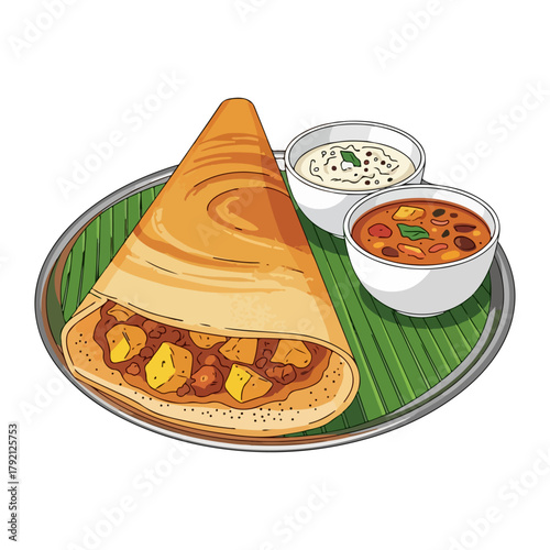 Traditional Indian Masala Dosa with Chutneys and Sambar – Vector Illustration

