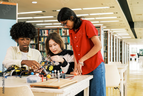 Indian, African, and mixed Asian-Caucasian students collaborate on a robotics project at a library table. Diverse kids engage in teamwork, research, and hands-on STEM learning in a classroom setting.
