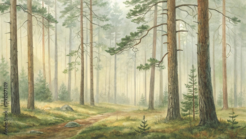 watercolor painting of a misty pine forest, soft layers of evergreen trees fading into the fog Vector background 
